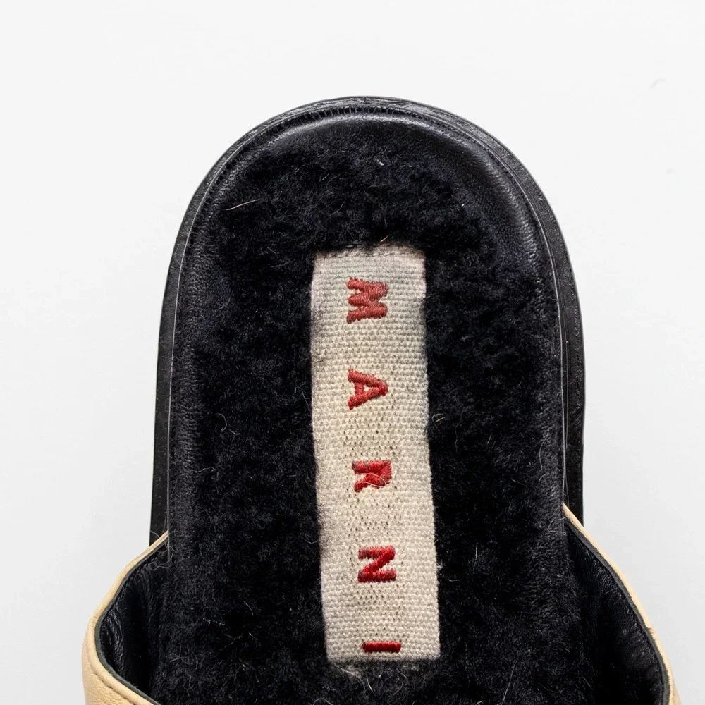 Marni Beige & Black Women's Leather Sheepskin Slides‎ Sandals Sz US 6.5